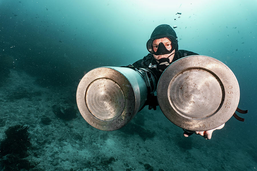 Nature Photograph - Tech Diver With Side Mounted Air Tanks In Raja Ampat / Indonesia by Cavan Images