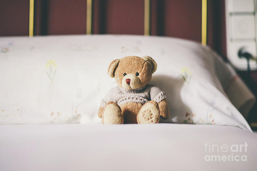 Teddy bear on the bed, space for text. Photograph by Joaquin Corbalan
