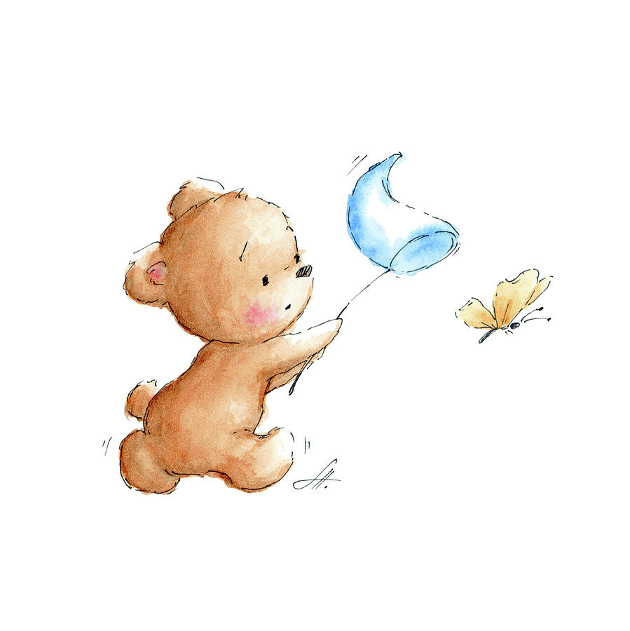 Butterfly Drawing - Teddy Bear With A Butterfly by Anna Abramskaya
