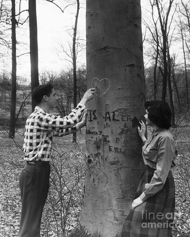 Teenagers Carving Initials On A Tree Photograph by Bettmann