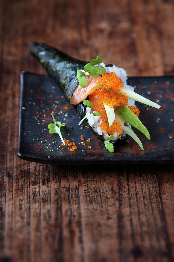 Temaki Sushi With Marinated Salmon, Cucumber And Avocado Photograph by Michael Wissing