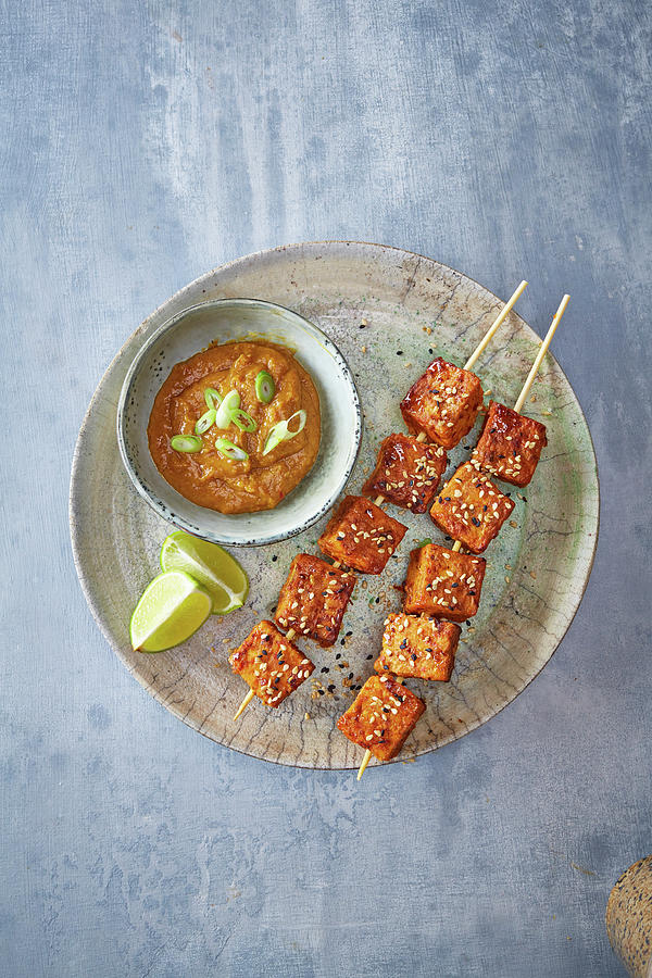 Tempeh Skewers Satay Dip With Sesame And Onion Seeds Photograph by ...