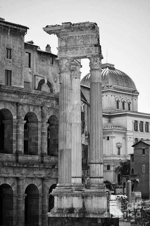 Temple of Apollo Sosianus at Marcellus Theatre Rome Italy Black and White Photograph by Shawn OBrien