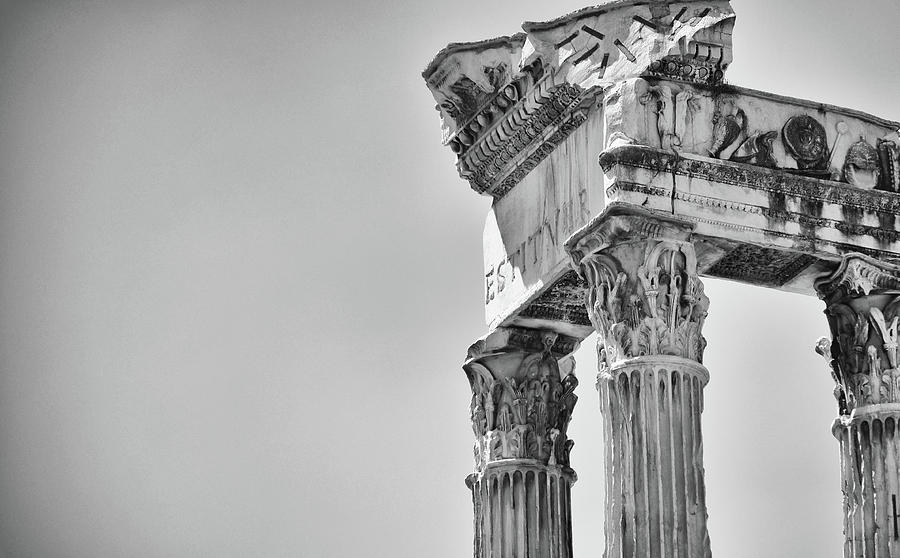 Temple of Vespasian and Titus Clear Sky Roman Forum Italy Black and White Photograph by Shawn OBrien