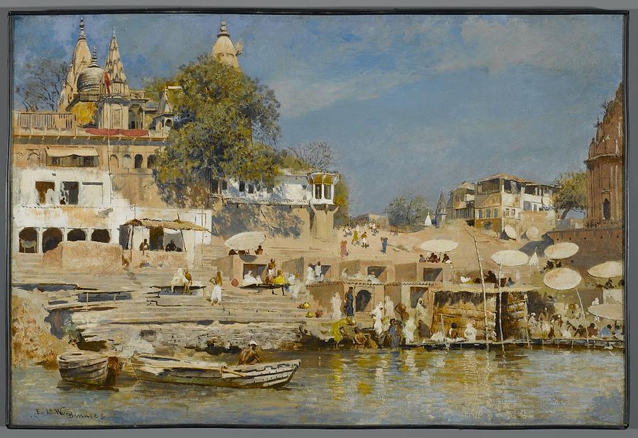 Temples and Bathing Ghat at Benares Painting by MotionAge Designs