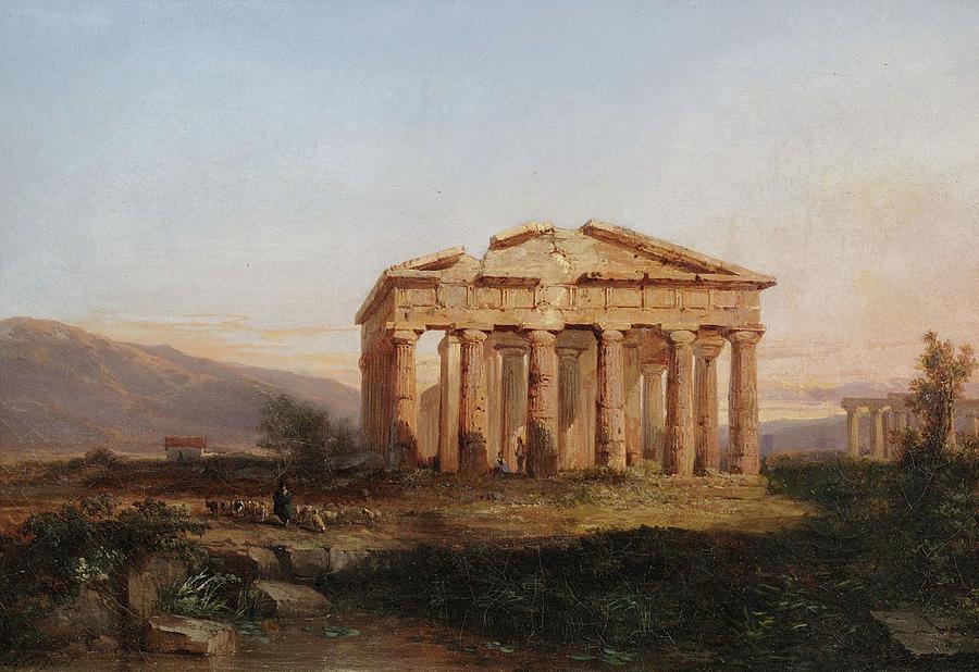 Munich Movie Painting - Temples of Paestum at Evening  by Jules Coignet