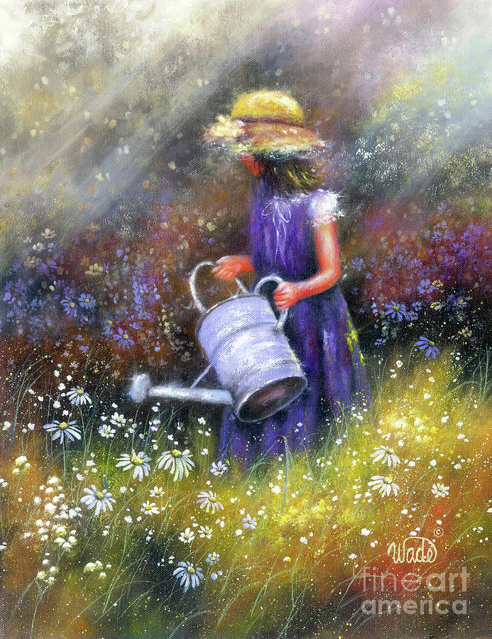 Tending Wildflowers Girl Painting by Vickie Wade