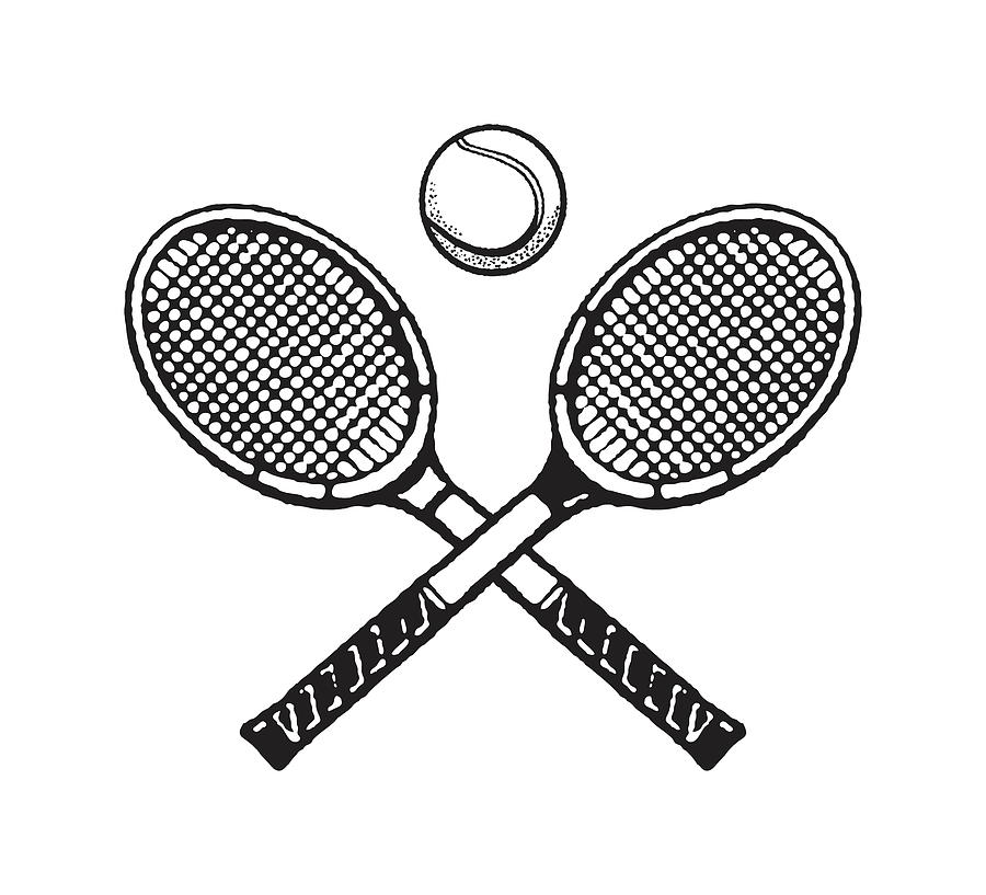 Black And White Drawing - Tennis ball and two tennis rackets by CSA Images