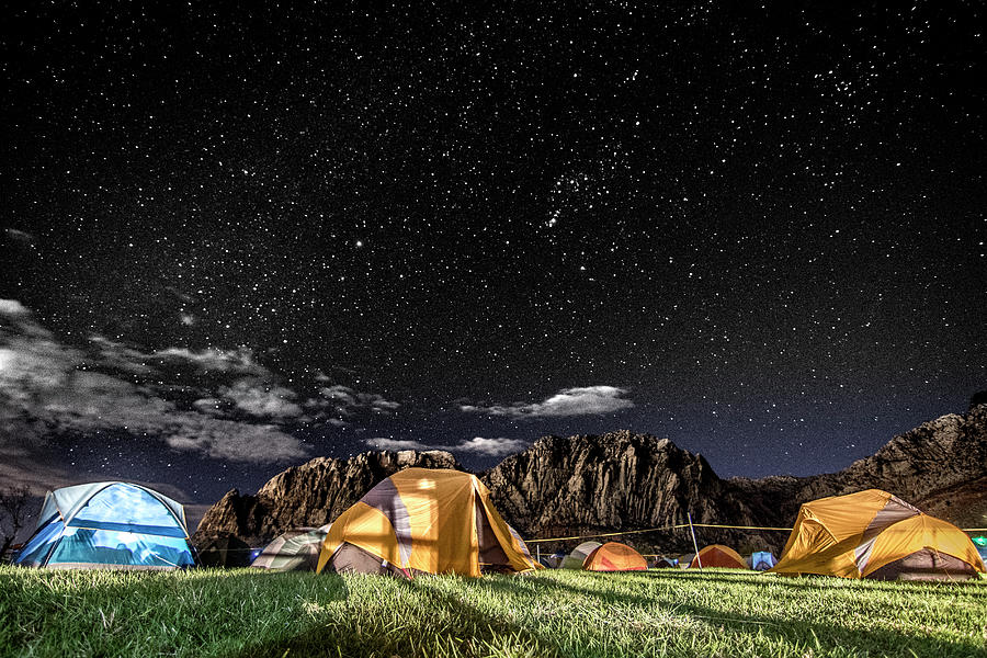 Camping Photograph - Tents At Camp Under Starry Sky At Night In Red Rock Canyon National Conservation Area, Nevada, Usa by Cavan Images