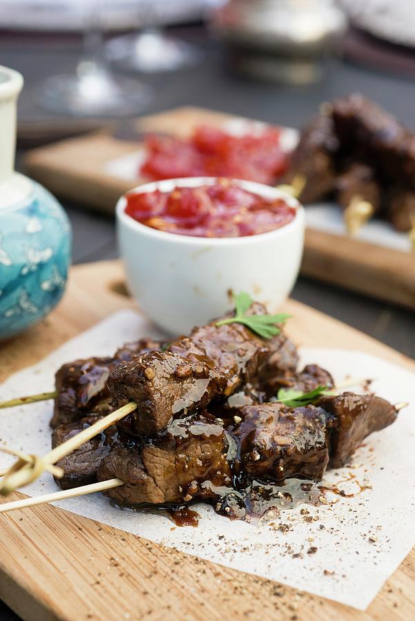 Teriyaki Beef Skewers With Plum Tomato Chilli Chutney Photograph by Great Stock!
