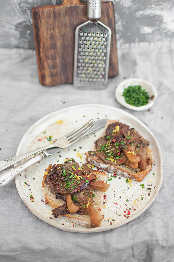 Teriyaki Oyster Mushrooms Served On Toasts, Topped With Lemon Zest, Pink Pepper And Chopped Chives vegan Photograph by Kachel Katarzyna