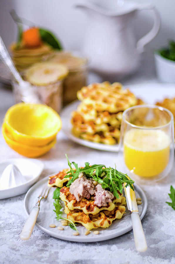 Terrine Of Pork And Chicken In The Pot And Belgian Waffles, Made From Potato Dough With Arugula And Pine Nuts Photograph by Gorobina