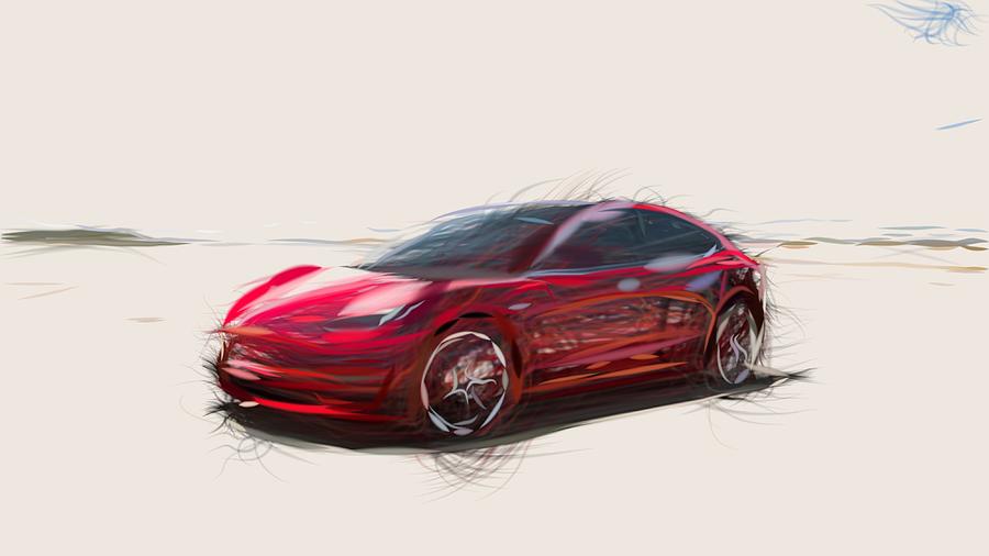 Tesla Model 3 Drawing Digital Art by CarsToon Concept