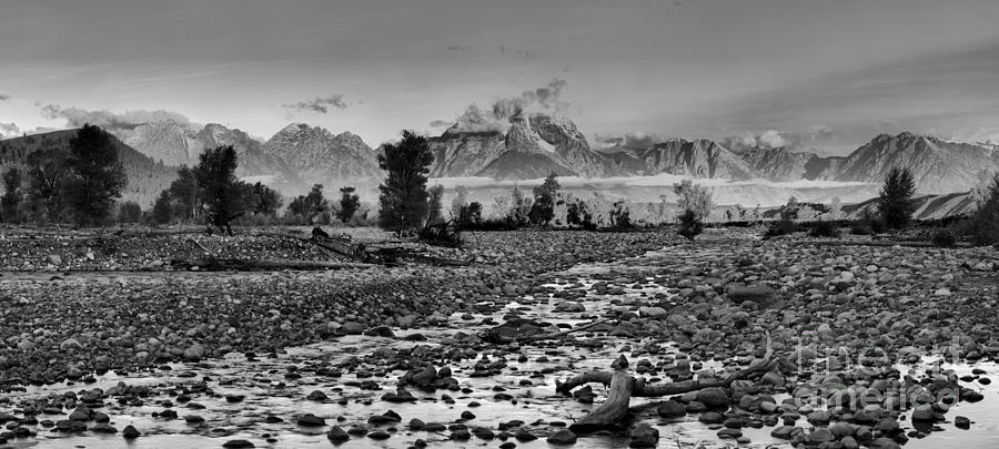 Teton Alpenglow Over Spread Creek Black And White Photograph by Adam Jewell