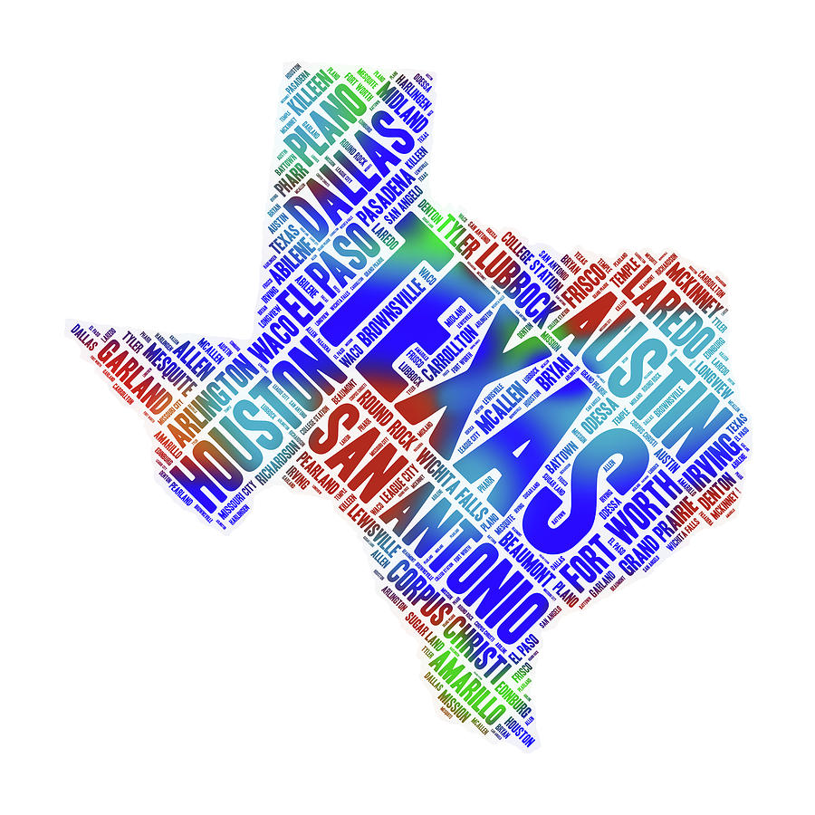 Texas State Map Word Art with Cities Digital Art by Peggy Collins
