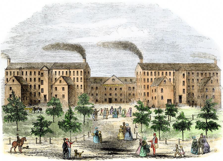 Textile Factory Kirk Boott Cotton Industry (1791-1837) On The Merrimack River (merrimac), Lowell, Massachusetts, Usa In The 1850s Colouring Engraving Of The 19th Century Drawing by American School
