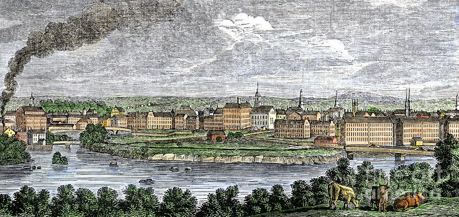 Textile Mills Along The Merrimack (merrimac) And Concord Rivers, Lowell, Massachusetts, Usa In The 1830s Coloured Engraving Of The 19th Century Drawing by American School