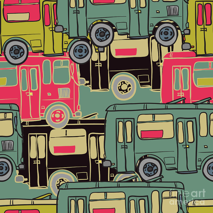 Bus Digital Art - Textile Seamless Pattern Of Colored by Dark Ink Bus Digital Art - Textile Seamless Pattern Of Colored by Dark Ink