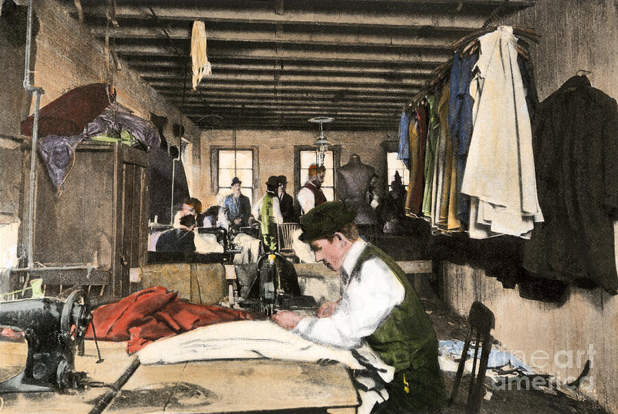 Textile Workers Working In Garments On The Top Floor Of A New York Building, 1912 Colour Reproduction Of A Photograph Drawing by American School