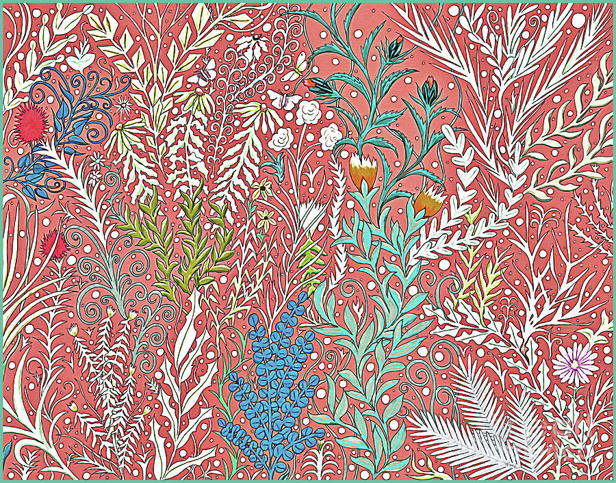 Textured Salmon Colored Tapestry Design with Leaves and Butterflies Digital Art by Lise Winne