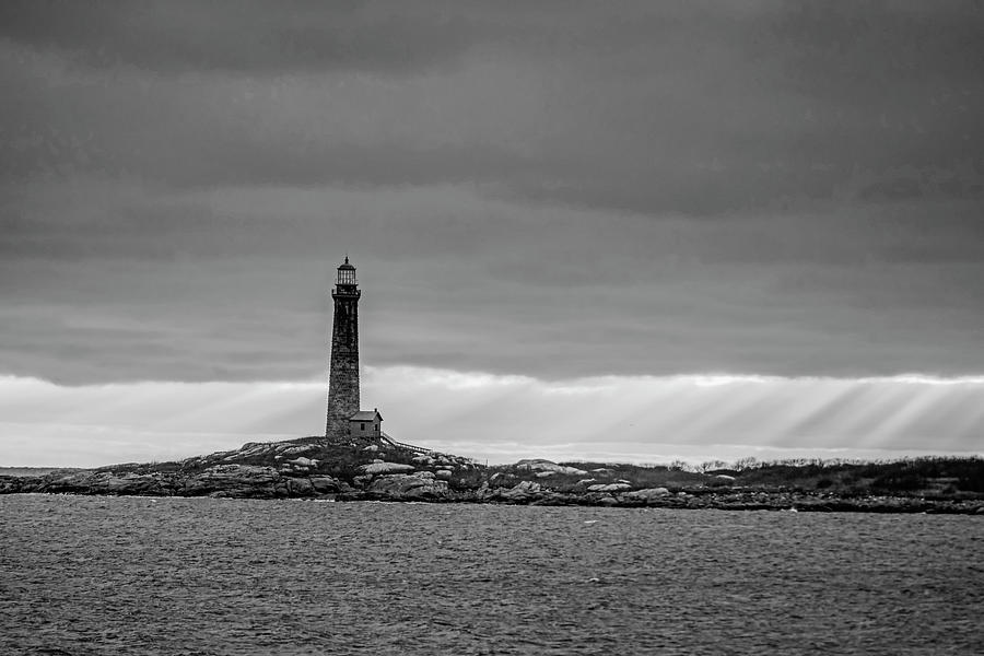 Thacher Island Lighthouse at Sunrise Sunrays Rockport MA Black and White Photograph by Toby McGuire