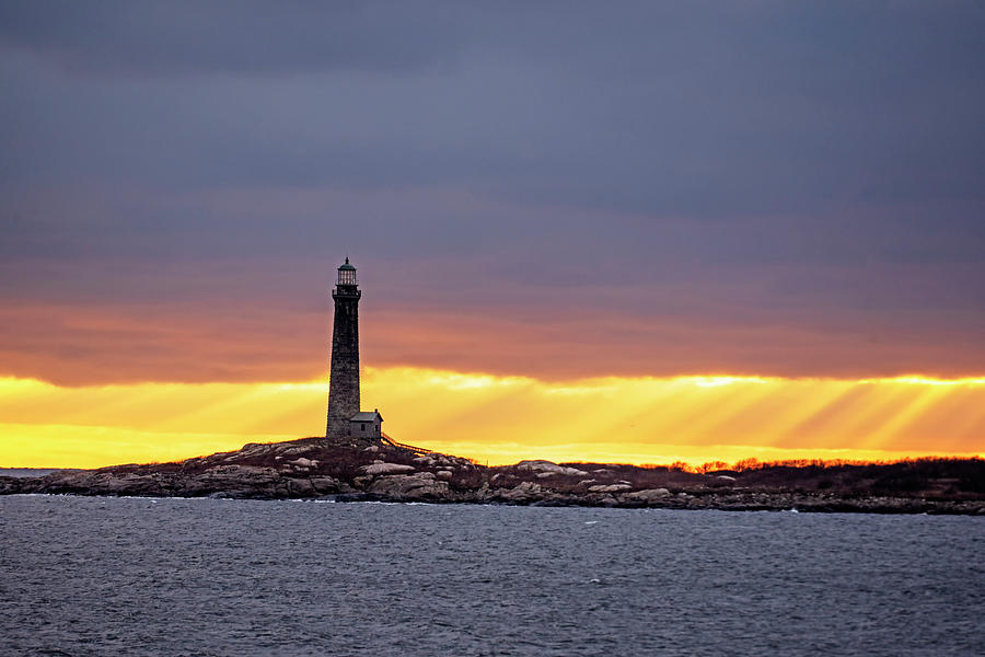Thacher Island Lighthouse at Sunrise Sunrays Rockport MA Photograph by Toby McGuire
