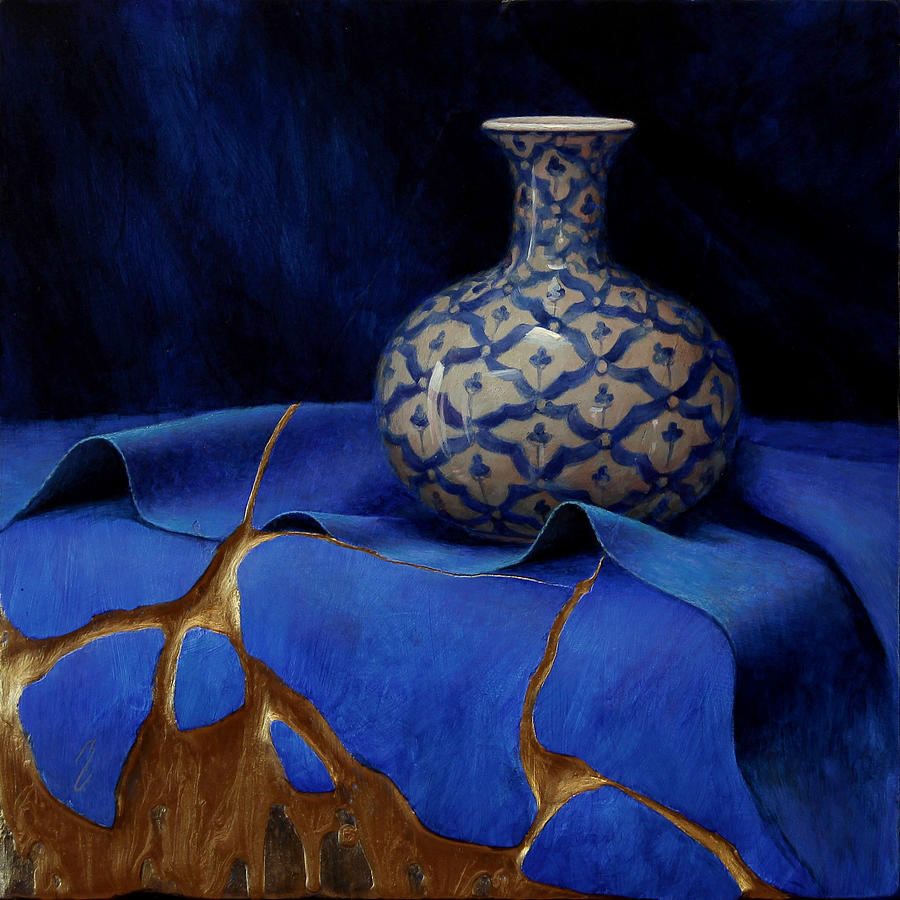 Still Life Painting - Thai Kintsugi in Ultramarine and Gold  by Bruno Capolongo