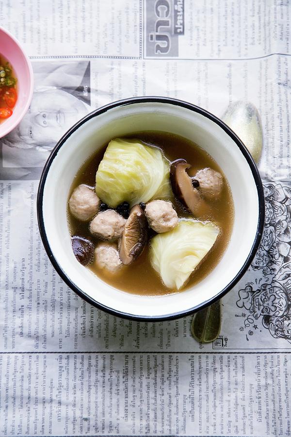 Thai Soup With White Cabbage, Shiitake Mushrooms And Meat Dumplings Photograph by Michael Wissing