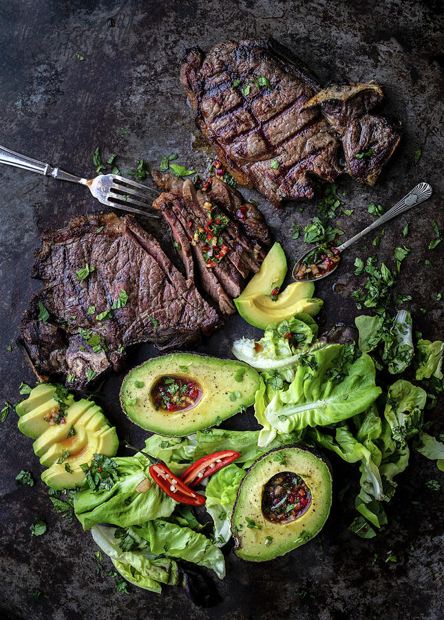 Thai Steak Salad With Avocados On A Platter Photograph by Lucy Parissi