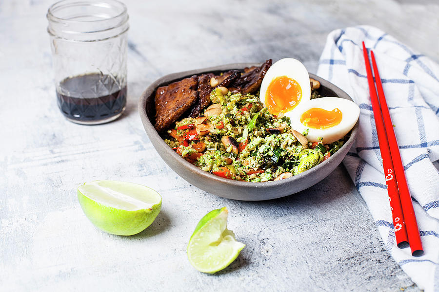 Thai Style Broccoli Rice With Spicy Dressing Eggs And Beef Photograph By Susan Brooks 0410