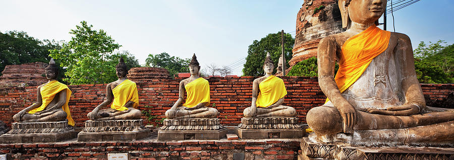Thailand, Central Thailand, Ayutthaya, Buddha Statues At Wat Yai Chai Mongkhon Digital Art by Luigi Vaccarella