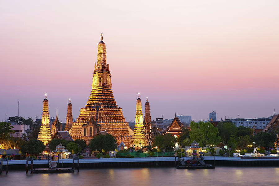 Thailand, Central Thailand, Bangkok, Wat Arun And Chao Phraya River At Sunset Digital Art by Richard Taylor