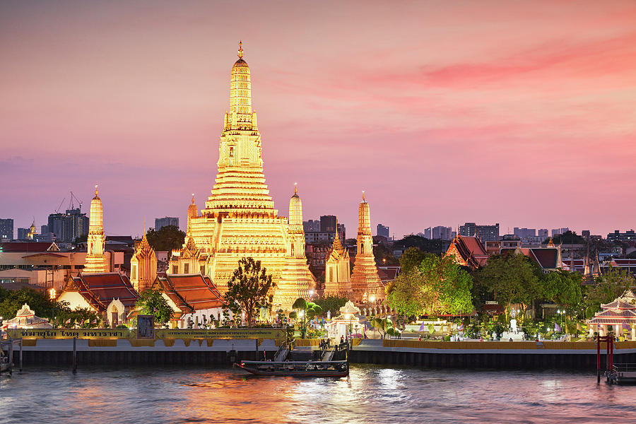 Thailand, Thailand Central, Bangkok, Tropics, Gulf Of Siam, Gulf Of Thailand, Wat Arun, Wat Arun And Chao Phraya River At Sunset Digital Art by Richard Taylor