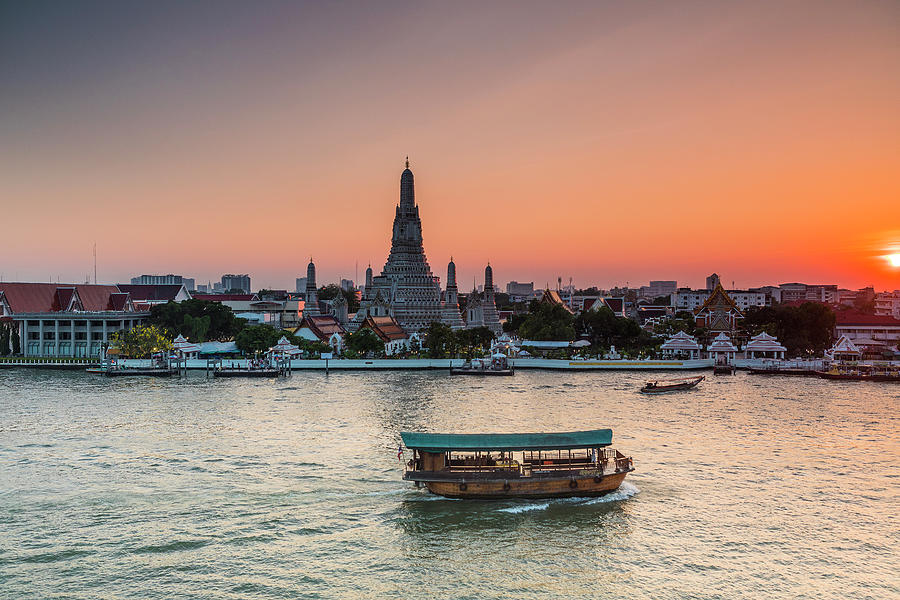 Thailand, Thailand Central, Bangkok, Wat Arun, Wat Arun Ratchawararam (temple Of Dawn) From Across The Chao Phraya River At Sunset Digital Art by Kav Dadfar
