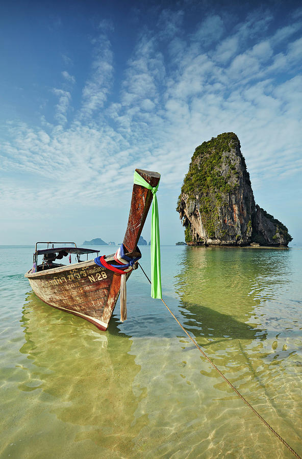 Thailand, Thailand Southern, Krabi, Gulf Of Siam, Gulf Of Thailand, Longtail Boat On Phra Nang Beach, Railay Peninsula Digital Art by Richard Taylor