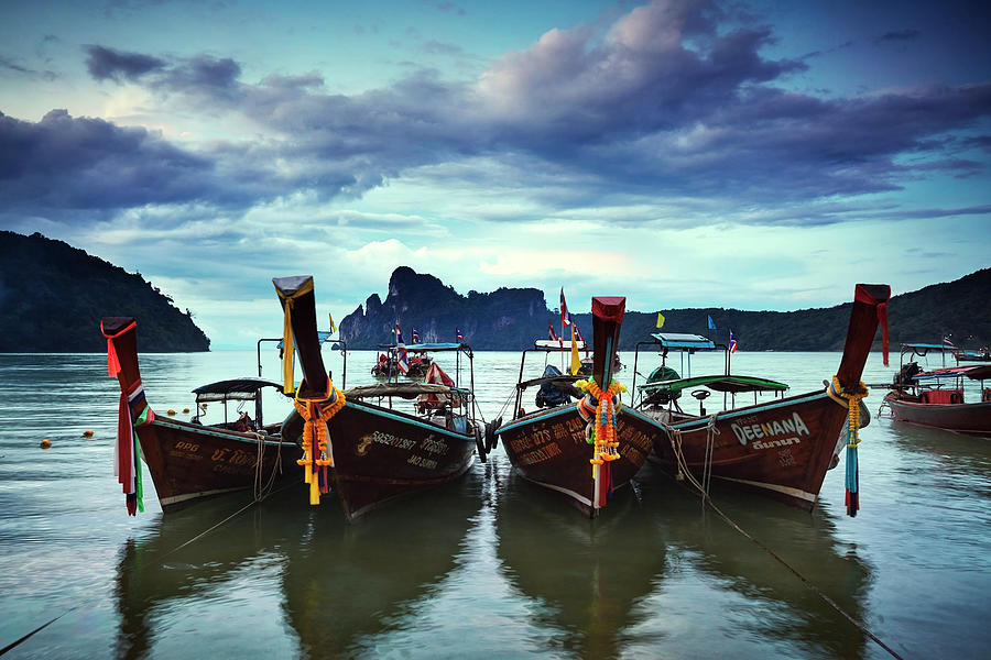 Thailand, Thailand Southern, Phi Phi Islands, Gulf Of Siam, Gulf Of Thailand, Andaman Sea, Longtail Boats On The Beach Of Ko Phi Phi Don Island Digital Art by Richard Taylor