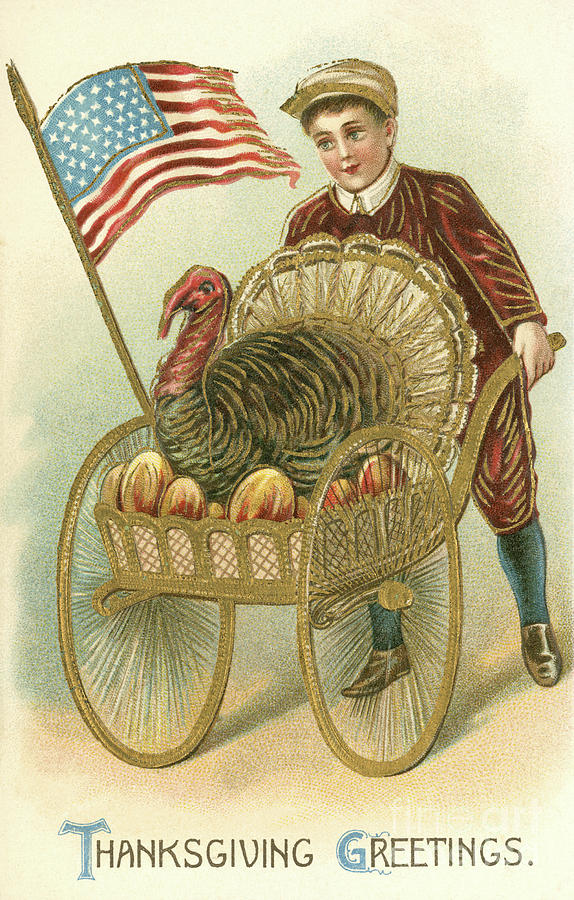 Thanksgiving card with little boy and turkey Painting by American School