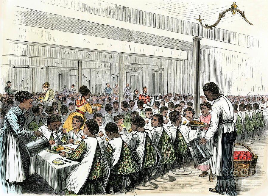 Thanksgiving Dinner Served In The Refectory Of An African American Childrens Orphanage In New York, Around 1870 Coloured Engraving, 19th Century Drawing by American School