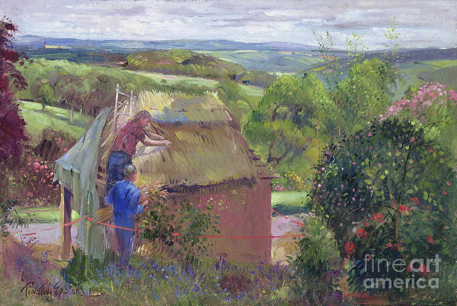 Thatching The Summer House, Lanhydrock House, Cornwall Painting by Timothy Easton