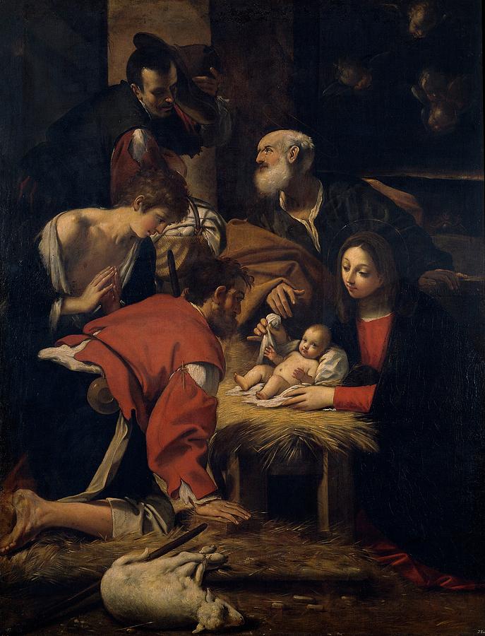 The Adoration of the Shepherds, 1628, Italian School, Canvas, 240 cm x 182 c... Painting by Cavedone Giacomo -1577-1660-