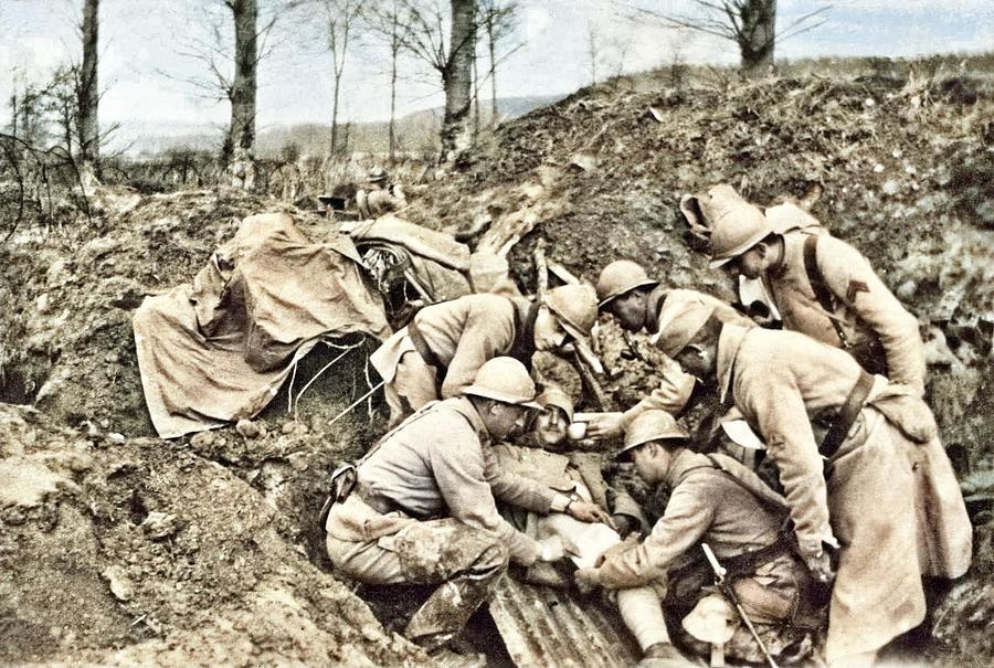 The Advance On Laon. Near Margival, First Aid To A Wounded Soldier, World War I Colorized By Ahmet A Painting