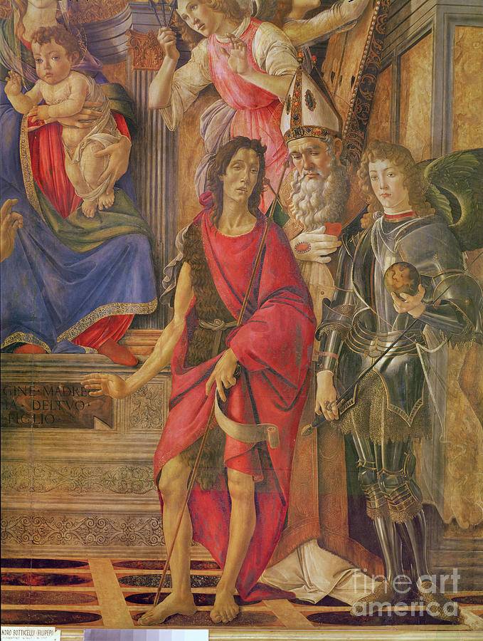 The Altarpiece Of Saint Barnabas, Virgin And Child Enthroned, Detail Of Saint John The Baptist, Saint Ignace Bishop Of Antioch, Saint Michael, C.1488 Painting by Sandro Botticelli