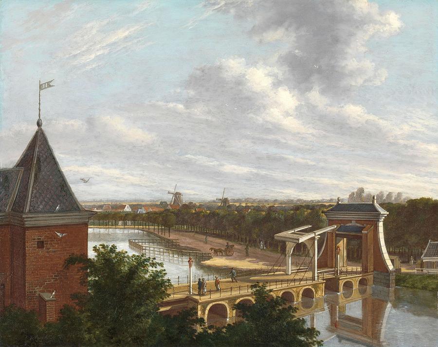 The Amsterdam Outer Canal near the Leidsepoort Seen from the Theatre. The Outer Moat of Amsterdam... Painting by Johannes Jelgerhuis -1770-1836-