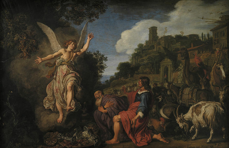 The Angel Raphael Takes Leave of Old Tobit and his Son Tobias Painting by Pieter Lastman