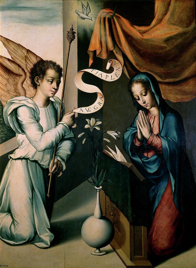 The Annunciation, ca. 1570, Spanish School, Oil on panel, 109 cm x 83 cm, P0... Painting by Luis de Morales -1509-1586-
