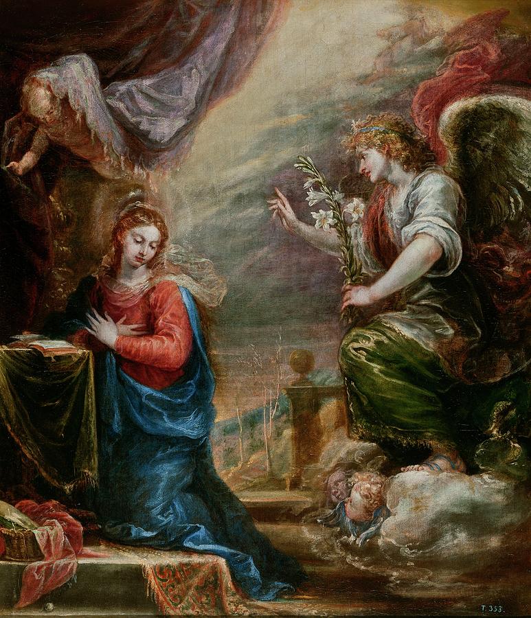 The Annunciation, ca. 1670, Spanish School, Oil on canvas, 112 cm x 96 cm, P0... Painting by Francisco Rizi -1614-1685-