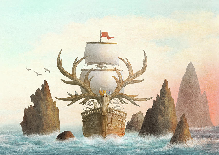 Ship Drawing - The Antlered Ship by Eric Fan