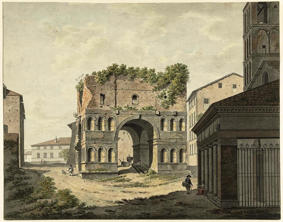 The arch of Janus quadrifons and part of the S. Giorgio in Velabro in Rome. Painting by Daniel Dupre
