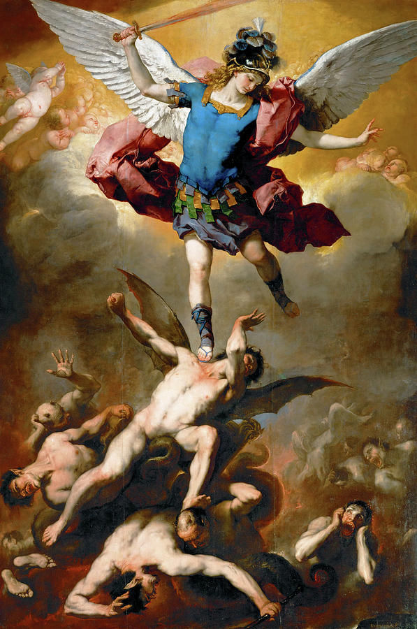 The Archangel Michael Hurls the Rebellious Angels into the Abyss Painting by Luca Giordano