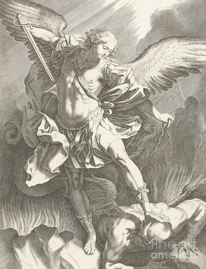 The Archangel St Michael defeating the Devil, engraving Drawing by